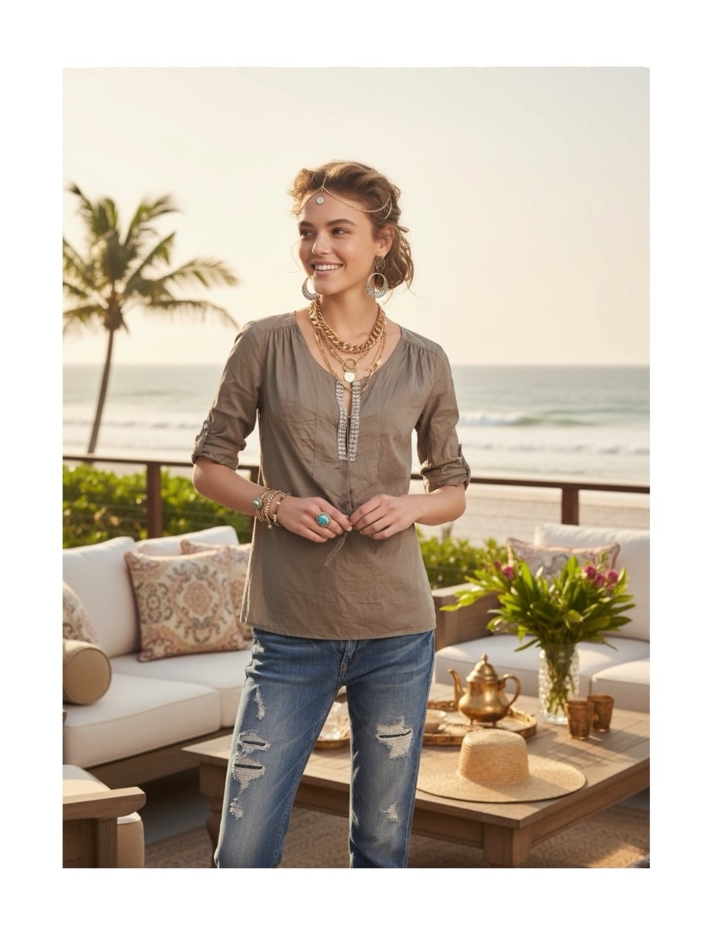 J Crew ✥ Rockstud Studded Split Neck Tassel Tie Popover Top ✥ Mink Taupe ✥ Large